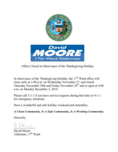 17th Ward Office Closed in Observance of the Thanksgiving Holiday
