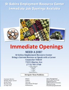 St. Sabina Empolyment Resource Center Annouces Immediate Job Openings Available